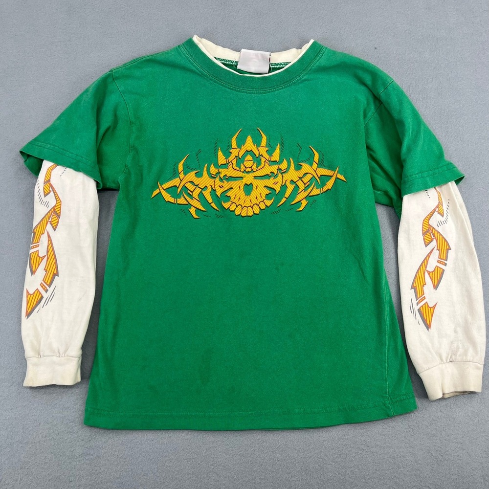 Mad Engine Kids Green Tribal Skull Graphic Layered Long Sleeve T-Shirt Vtg Y2K